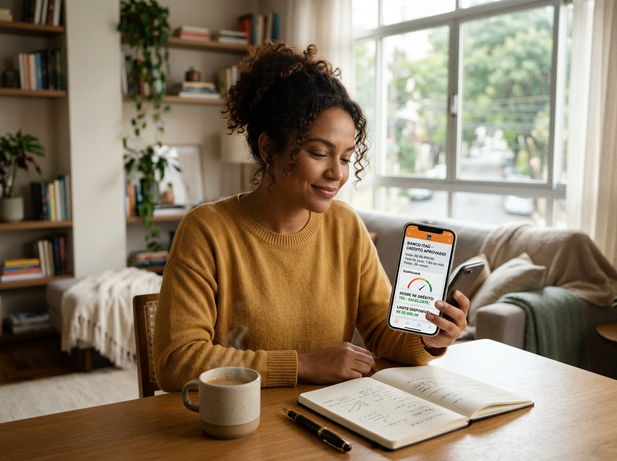 Pessoa consultando dados bancários e aprovação no celular em ambiente doméstico acolhedor