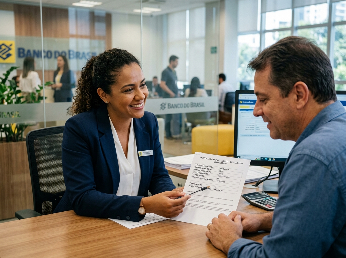 Consultor financeiro transparente explicando a composição do CET e juros em agência