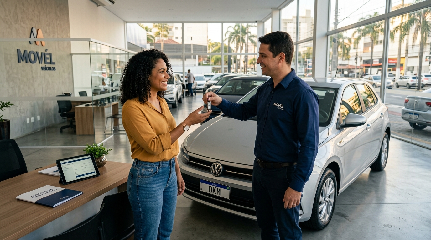 Cliente brasileiro satisfeito recebendo as chaves do carro seminovo em concessionária parceira